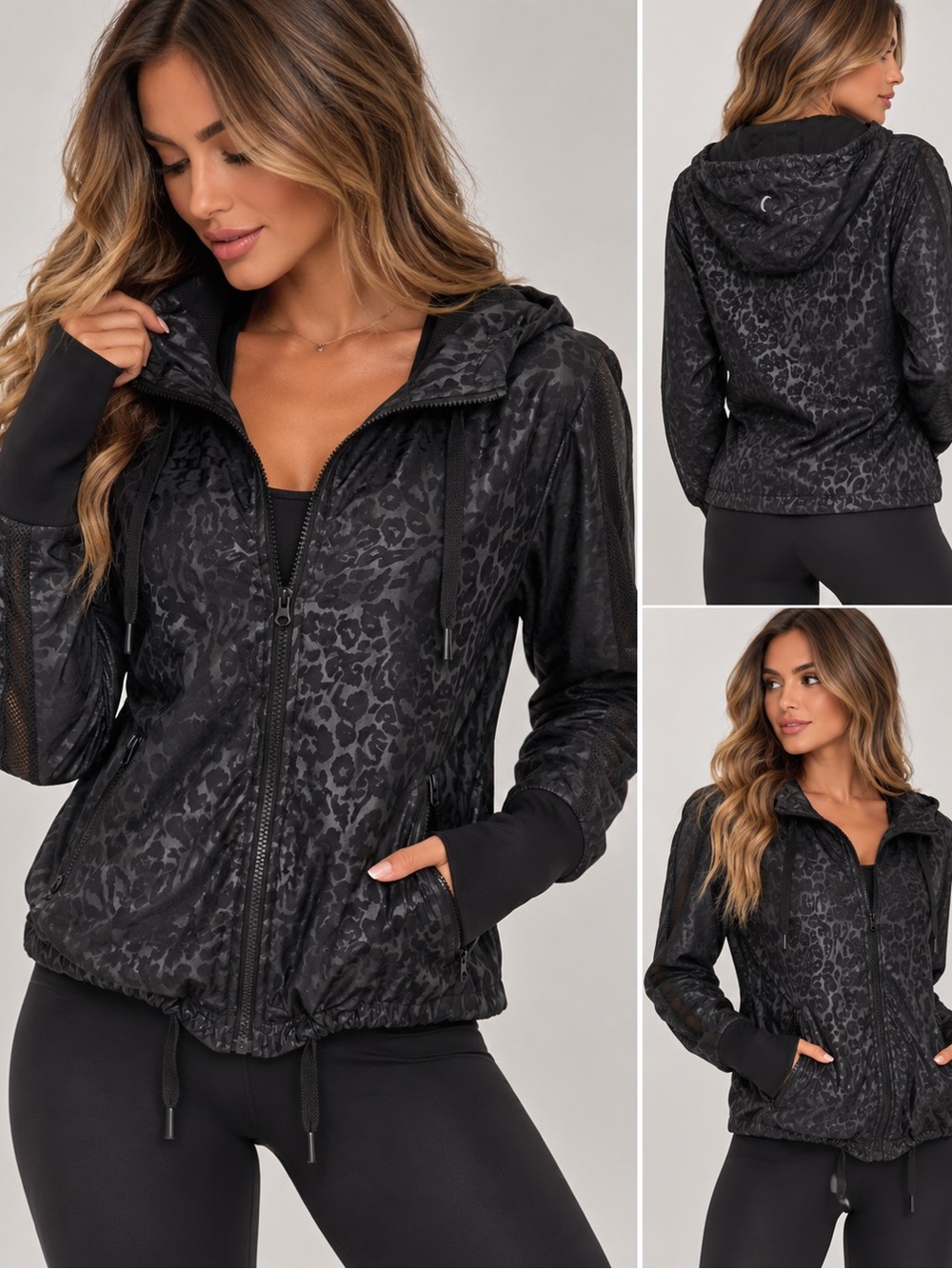ZYIA Black Leopard-Print Hooded athletic Bomber Jacket M